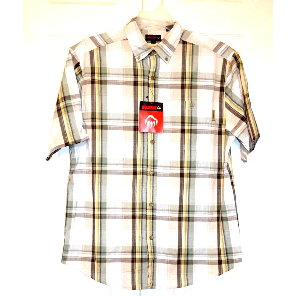 Wolverine Petosky Shirt Men's Size L Short Sleeve White Green Brown Yellow Plaid